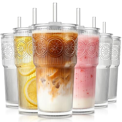 KEMORELA 20oz Ribbed&Floral Iced Coffee Cups with Lids, Reusable Glass Cups