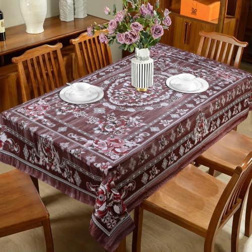 Image of Dakshya Industries Waterproof PVC Table Cover 60x90 Inch for Dining Table, Floral Printed Table Cloth, Washable Oilproof Table Protector, Plastic Cover for 6 Seater & 8 Seater Tables (Coffee)