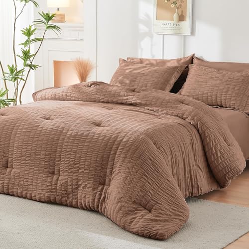 Image of HYMOKEGE Mocha Mousse Full Size Comforter Sets Seersucker 7 Pieces, All Season Luxury Bed in a Bag for Bedroom, Bedding Set with Comforter, Sheets, Pillowcases & Shams