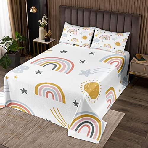 Erosebridal Girls Rainbow Bedspread Sun And Stars Coverlet Set Queen Size For Kids Boys Children Cartoon Cloud Bedspread Quilt Set Girly Soft Microfiber Quilted 3 Pieces With 2 Pillow Cases #TOP18