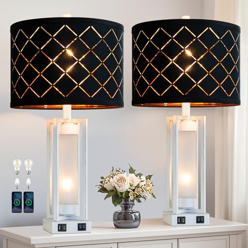 RORIANO 25' Set of 2 Farmhouse Table Lamps with USB C+A Ports, Rustic Retro Nightstand Lamps with White Night Light, Black Grid Shade, Desk Lamps for Bedroom Bedside, 4 Bulbs Included