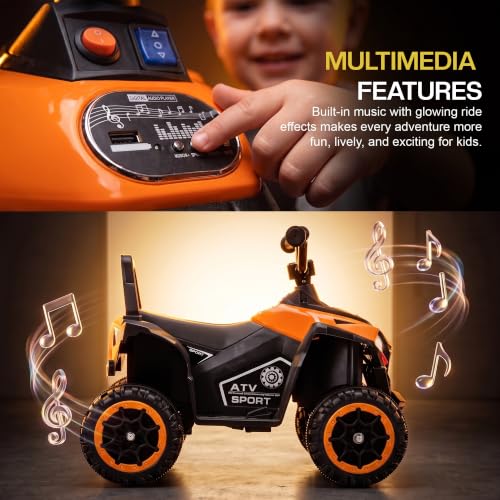 Image of Baybee Monstro Baby Electric Bike for Kids | Rechargeable Balance Bikes with LED Lights, USB, Music & Backrest | Beach ATV Dirt Bikes, 6V Battery Operated Kids Bike for 2-5 Years Boys Girls (Orange)