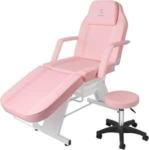 Facial Chair,73″ Tattoo Chair for Client,3-Section Adjustable Massage Table with Stool,Multipurpose Beauty Beds Salon Equipment for Esthetician,Tattooshop,Spa (Pink)