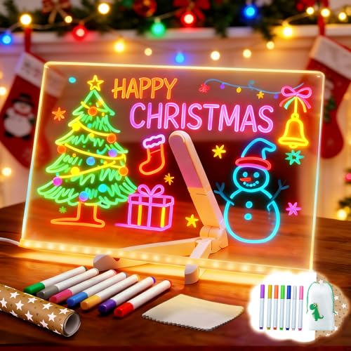 LED Note Board with 7 Colors Pen, Light Up Writing Message Board, Acrylic Drawing Dry Erase Board, Illuminated Doodle Glow Desktop Memo with Gift Paper/Stand for Kids Home Cafe Office (30x20cm)