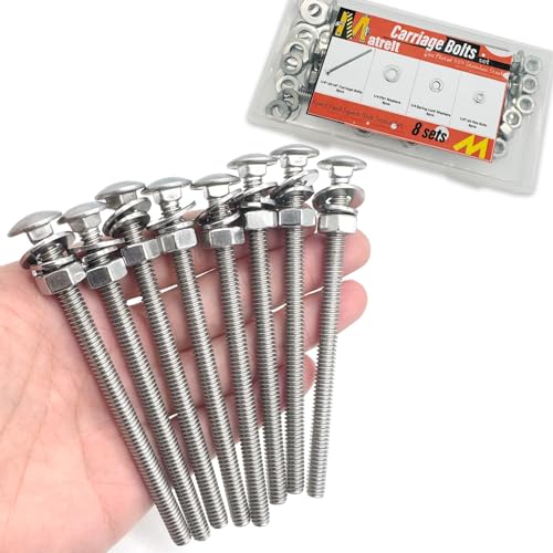 Image of 8 Sets 1 /4 inch-20 x4 Carriage Bolts Round Head Square Neck Screws with Hex Nuts Flat Washers Spring Lock Washers 304 Stainless Steel Full Thread Coverage Square Neck Bolts Assortment Kit