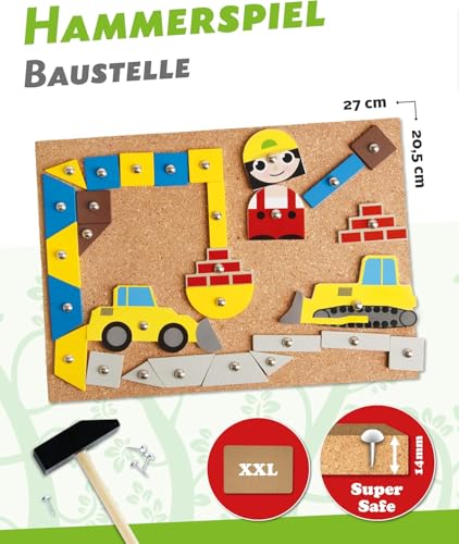 Lena 65828 Hammerspiel, Nagelspiel mit 64 bunten 8 Baustellen Teilen, Grundplatte aus Kork ca. 28 x 19,5 cm, Hammer und Nägel, Klopfspiel für Kinder ab 3 Jahre, Hämmerchenspiel, Mehrfarbig