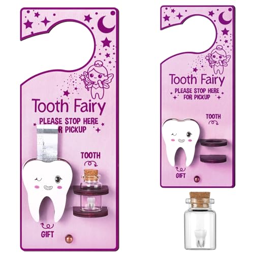 Image of DoubleFill Fairy Tooth Gift Holder Bag Door Hanger Lost Teeth Keepsake Box Tooth Fairy Kit Stores Back to School Gift for Lost Teeth Boy Girl Primary School Classroom Gifts(Fresh,Pink Purple)