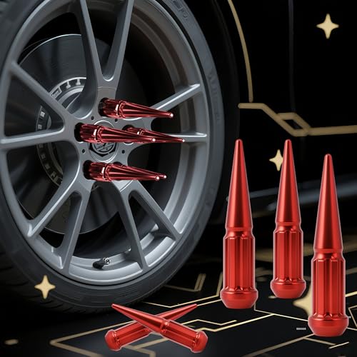 Image of EZAccessory 14x1.5 Spline Spike Lug Nuts 24 Pieces Red with Key Bulge Acorn Lug Nut for Chevy Silverado GMC Sierra 1500 2500 3500