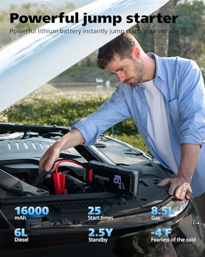 PHILIPS-2300A-Car-Battery-Jump-Starter-12V-16000mAh-Portable-Lithium-Jump-Starter-Battery-Pack-85L-Gas-6L-Diesel-Engine-with-100W-Quick-ChargeDC-OutputLED-ScreenLED-Light
