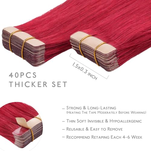 Image of WENNALIFE Tape in Hair Extensions, 40pcs 60g 10 Inch Red Human Hair Straight Invisible Reusable Real Extensions