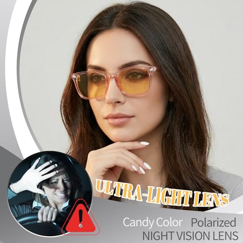 Image of Polarized Sunglasses for Women Men Night Vision Glasses Anti Glare | Yellow Anti Glare UV400 Lens, Lightweight Square Frame, for Day Night Use, Driving, Fishing, Cycling, Traveling