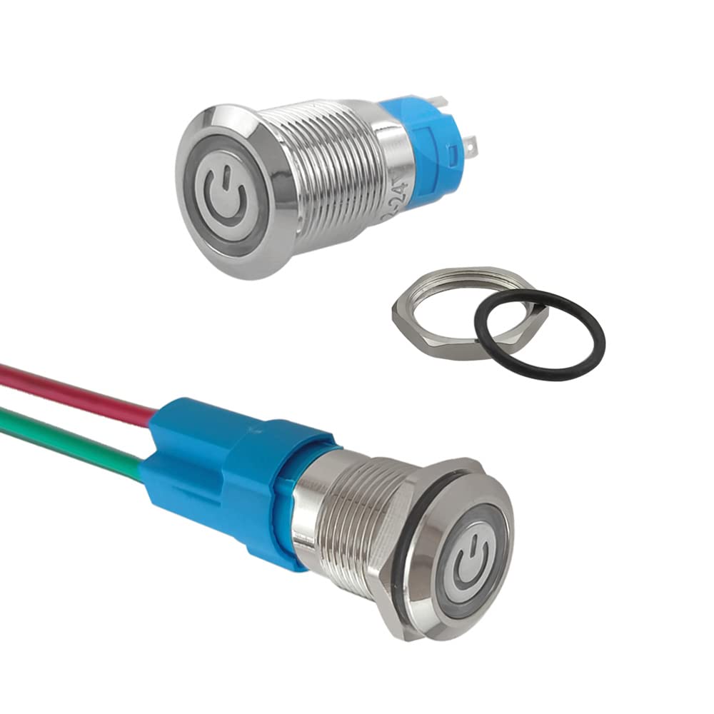 2 sztuki, 12 mm, samoblokujący się przełącznik przyciskowy, 12 V / 24 V 3 A, wodoodporny przełącznik przyciskowy ze stali nierdzewnej, IP66, z okablowanym gniazdem (czerwona dioda LED)