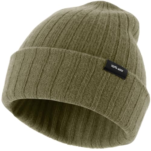 Ababalaya 100% Wool Beanie for Men Women Windproof Double Layer Super Cozy Knitted Cuffed Beanies Unisex Warm Winter Hat with Ear Protection & Face-Slimming Fit, Mustard Green