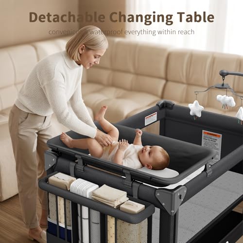 Image of 4 in 1 Baby Bassinet, One-Push Setup Pack and Play, Bedside Crib Sleeper with 3 Height Adjustable，Diaper Changer, Come with Comfy Mattress, Rotating Toy Bar, from Infants to Toddlers (Black)