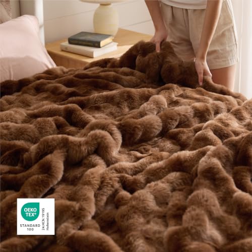 Image of Bedsure Fluffy Bubble Faux Fur Queen Blanket, 90 inchx90 inch, Tie-dye Dark Brown
