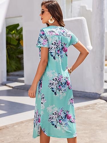 Ekouaer Night Shirts For Women Sleepwear Short Sleeve Midi Length Sleep Shirts Long Blue Printed Night Dress Pleated Sleep Shirts For Sleeping Blue Flower L #TOP2