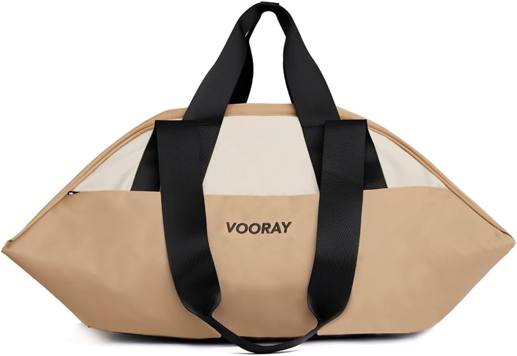 Vooray Studio Duffel Yoga Mat Bag and Gym Tote - features Yoga Mat Strap Handles with Snaps, Front Zipper Pocket, Shoulder Straps and Luggage Sleeve - 25L Capacity - Camel