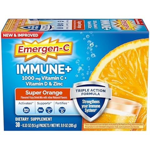 Emergen-C Immune+ Triple Action Immune Support Powder, BetaVia (R), 1000mg Vitamin C, B Vitamins, Vitamin D and Antioxidants, Super Orange – 30 Count (Pack of 1) Cover