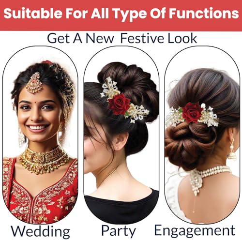 Image of TEMPERIA (1pc) Hair Accessories For Women's & Girls - Stylish Artificial Flowers & Crystal Pearls Bun Juda Bridal Brooch for Hairstyle & Decoration - Pins & Clips for Style of Bride (Red & White)