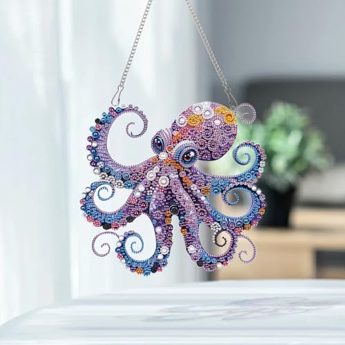 Image of AiYuanzsh Octopus Diamond Painting Hanging Ornament, 5D DIY Special Shaped Diamond Art Pendant Kit for Adults, Large Ocean Animal Wall Hanging Craft Decoration 24.1x22.6cm, Nautical Home Decor & Gift