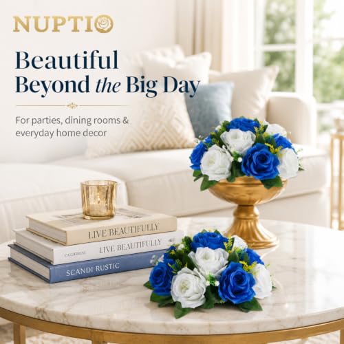 Image of NUPTIO Flower Balls Centerpieces for Tables: Royal Blue White Fake Roses