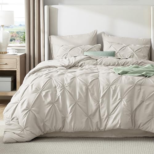 Image of Bedsure Queen Comforter Set Linen - Bed in a Bag Queen Size Bedding 7 Pieces, GentleSoft Pintuck Bed Set Gift for Family, All Season Down Alternative Comforter with Sheets, Pillowcases & Shams