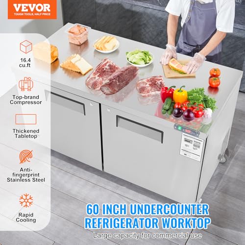 Image of VEVOR 60 inch Commercial Refrigerator Sandwich & Salad Prep Table, 16.4 Cu. Ft Stainless Steel Refrigerated Food Prep Station with 2 Doors, Frost Free Refrigerator with Lock for Restaurant, Bar, Store