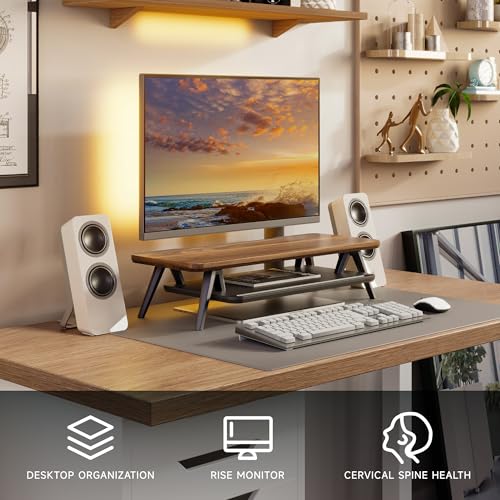 Image of Fenge Monitor Stand, Monitor Stands Riser for Desk, 23.6 Inch Wood Desk Shelf with Storage Organizer and Cable Management for Office Desk Accessories