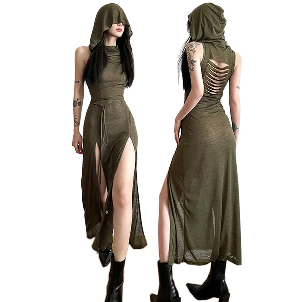 SINROYEE Abito lungo da donna con spacco alto, sexy, senza maniche, abito da cocktail sexy con ritaglio aderente
