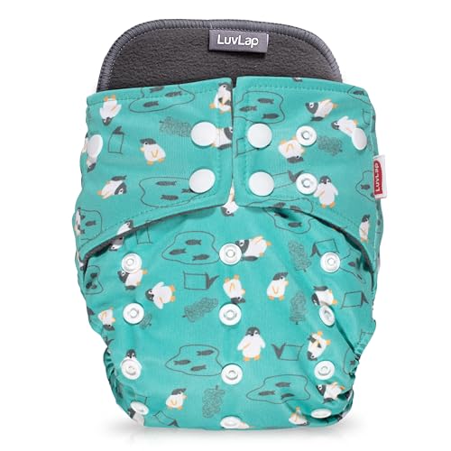 Image of LuvLap Reusable Baby Cloth Diaper, Double Leak Guard, High Absorption, Quick dry, Stain-Proof Comfort & Protection, 3m+, adjustable waist & height with snap buttons, Absorbent insert, Green Penguin