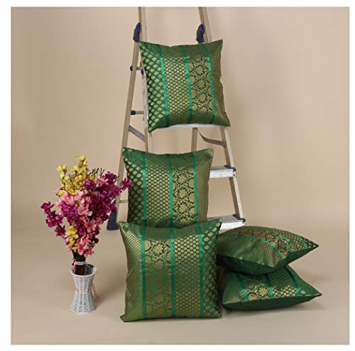 Image of Home Decor Decorative Heavy Brocade Banarsi Silk Cushion Covers Pillowcase 16 inch Rajasthani Diwan Living Room Sofa Settee Couch Cushion Pillow 40 x 40 cm (Green, 5)