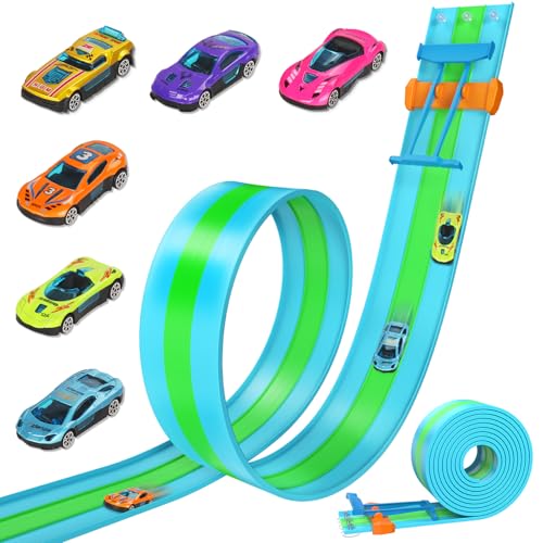 ACELIFE Flexible Autorennbahnen, 4.5M Autorennbahn Inklusive 6 Autos Tragbare Dreispurige Rennstrecke Rampen für 1/64th Autos Spielzeug Geschenk für Kinder ab 3+ Jahr