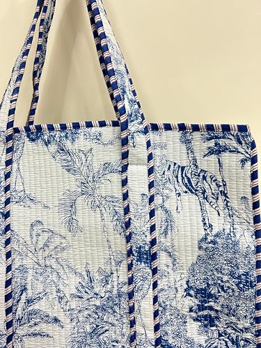 Quilted Beach Tote Bag with Tropical Palm Print, Blue and White, Cotton Canvas, Large Carry-All for Summer2