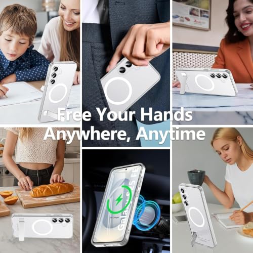 Image of Elzzi MagSafe Compatible Case for Samsung S25 FE Translucent Matte Bottom Kickstand Shockproof Slim Anti-Fingerprint Magnetic Hybrid Protective Cover (White)