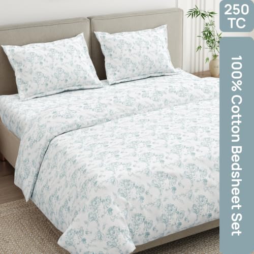 Image of Haus & Kinder Double Bed Bedsheet for Queen Size Bed with 2 Pillow Covers 90 Inch x 100 Inch | Premium Soft & Silky Pure Cotton 300 TC Flat Double Bedsheet | Luna Rose Cream