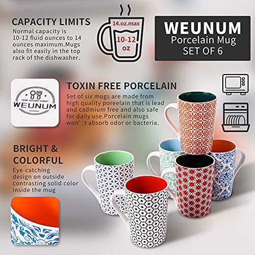 Weunum Coffee Mugs, Set Of 6,Modern Colorful 14 Oz Cute Porcelain Mugs/Cups With Large Handle,For Tea,Latte,Cappuccino,Milk,Cocoa, Coffee Cups For Women Men, Vibrant Colors #TOP1