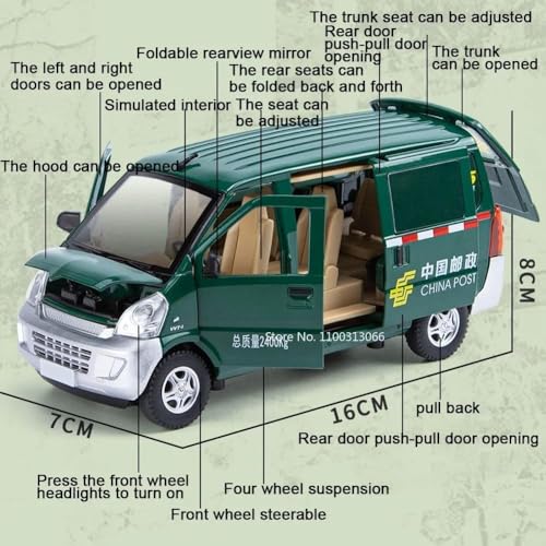 Image of 1:24 Scale Multicolor Wuling Postal Van Toy Car | Metal Pullback Diecast Truck with Openable Doors, Sound, Light Effects for Kids and Car Enthusiasts