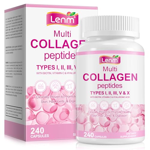 Multi Collagen Peptides for Women & Men Hydrolyzed Types I II III V X with Biotin & Hyaluronic Acid Vitamin C Beauty Formula Hair Skin Nails Support Non-GMO 240 Capsules