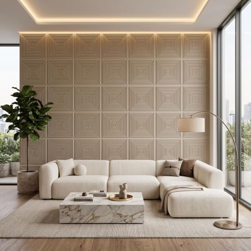 Image of Kayra Decor 3D PVC Wall Panels for Bedroom & Living Room | Pryamid Design |Mega Greige Color | 19.7 x 19.7 Inch | Pack of 40 | 107.6 Sq Ft