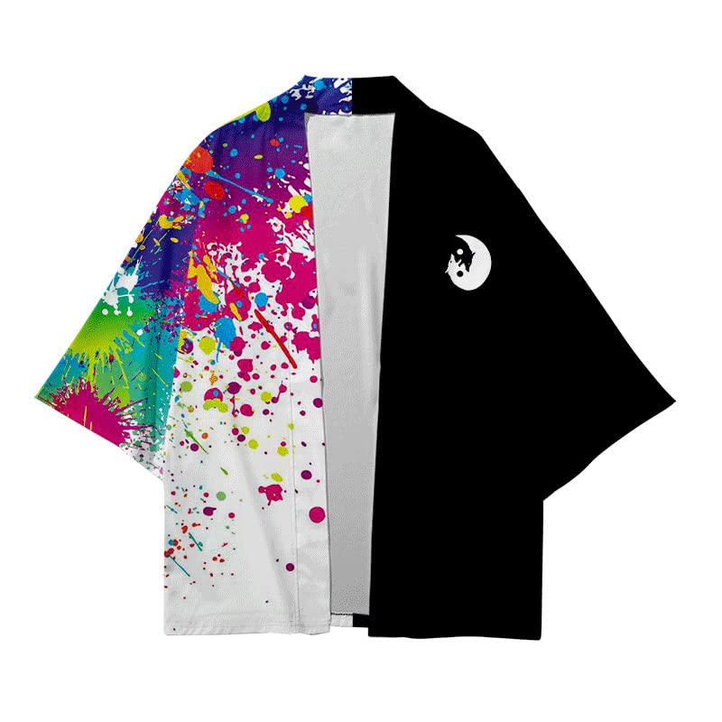 Fashion Japanese Robe Cardigan for Men Women Harajuku Kimonos Yinyang Wolf Splash Ink Yukata Seven Sleeve Shirt (White,3XL,Mens,US,Alpha,Adult,Unisex,3X-Large,Regular,Regular)3
