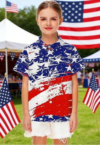 Image of 4th of July Shirts for Girls Boys American Patriotic Tshirt Kids Hawaiian Button Down Tops