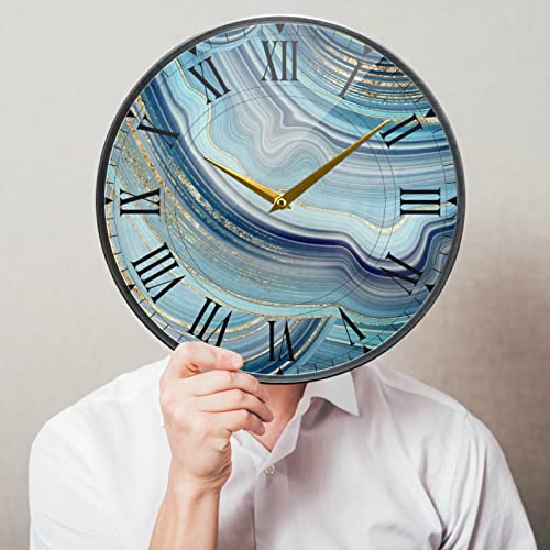 Beeplus Blue Agate Marble Round Glass Wall Clock Non Ticking Decorative 11.9 Inch Decorative Clock Art For Bedroom Living Room Kitchen School #TOP4