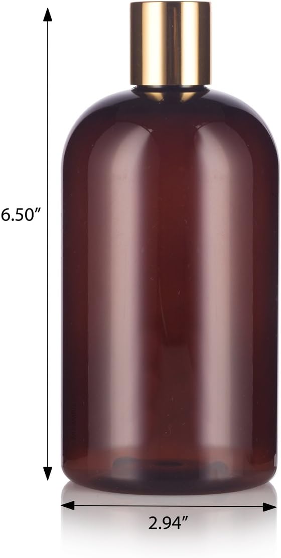 JUVITUS Amber 16 oz Boston Round PET Plastic Bottles (BPA Free) with (12 pack) (Gold Disc Cap)