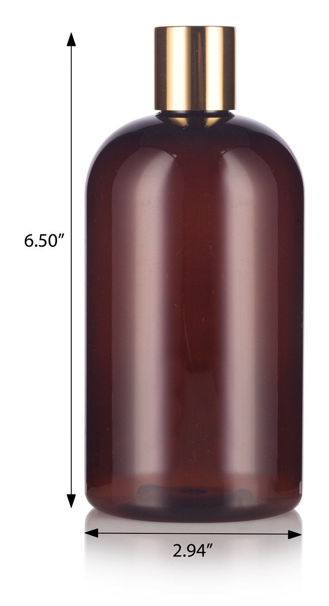 Amber 16 oz Boston Round PET Plastic Bottles (BPA Free) with Gold Disc Cap Dispenser (6 pack)