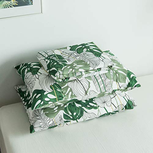 Yuheguoji Green Botanical Duvet Cover Queen 100% Cotton Tropical Plant Duvet Cover Set 3 Pcs 1 Monstera Leaves Pattern Duvet Cover With Zipper Ties 2 Pillowcases Soft Green Bedding Breathable Durable #TOP6