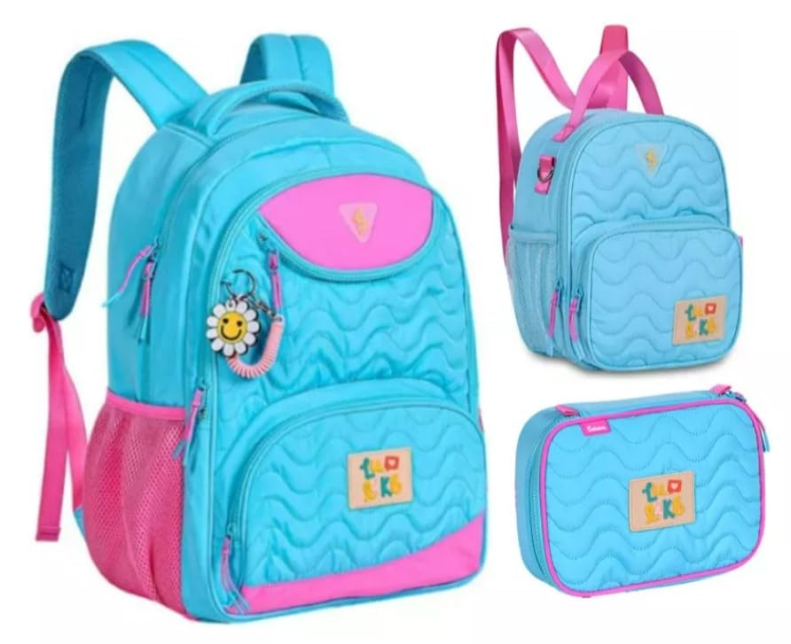 Kit Mochila Costas Luluca Lulike Lancheira Estojo 2024 Azul Azul-celeste Luluca