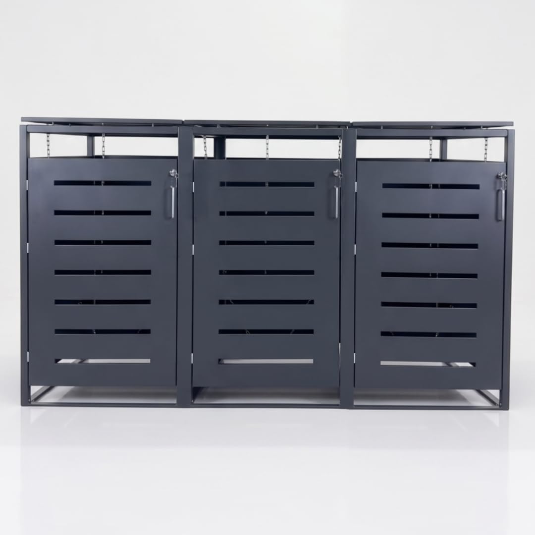 Mega Holz Mülltonnenbox 3er Set, abschließbare Müllbox, je 240 Liter | Mülltonnenverkleidung für draußen, 198 x 80 x 117 cm, Mülltonnenverkleidung, 60 bis 240 Liter Tonnen, Stahl pulverbeschichtet