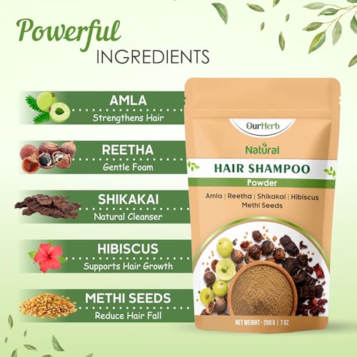 Image of Natural Hair Shampoo Powder with Amla, Reetha, Shikakai, Hibiscus & Methi Dana | Organic Herbal Hair Cleanser for Men & Women | Paraben & Sulphate Free Includes Wooden Spoon - 200gm