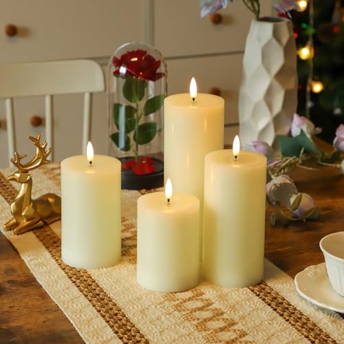 Image of Lezonic Ivory LED Flameless Candles with Remote Timer, 4 Pack Battery Operated Candles Flickering, Grease Design Real Wax Pillar for Wedding Decor, Centerpiece, Birthday Gifts (4 /5 /6 /8 Inch)