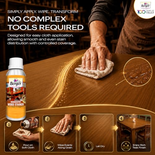 Image of Berger Wood Keeper Oak Yellow Wood Stain with Leakproof Bottle & Easy Cloth Application Transparent Solvent-Based Stainer for Home Office Furniture Surfaces Shine and Finish (Pack of 1, 1L)